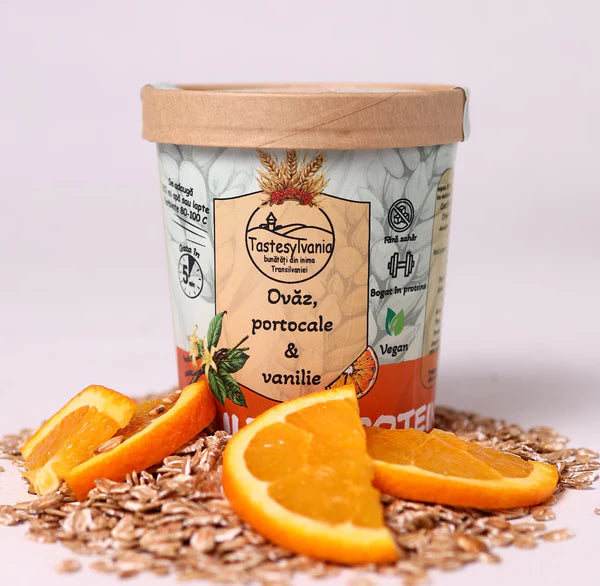 Terci Proteic cu Portocale și Vanilie, Mic Dejun Vegan cu Fulgii de Ovăz, Migdale și Proteine 80g